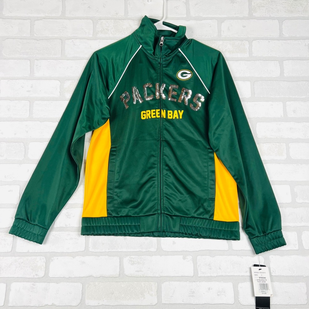 NFL Green Bay Packers Womens Track Jacket Green Yellow Sequin Small NM100452 NWT